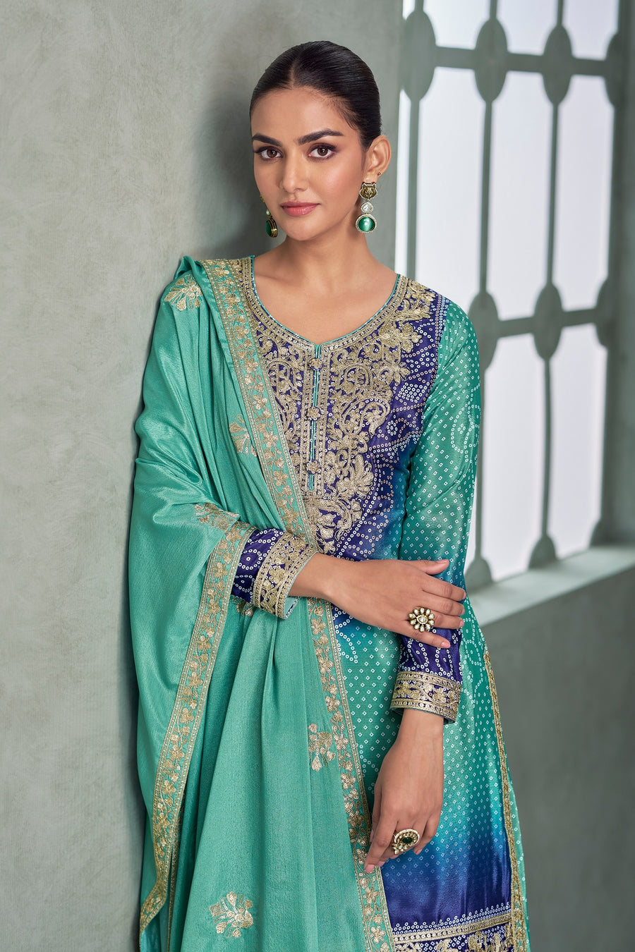 Teal Chinon Silk Dual Color Bandhani Print Style Plazo Suit For Indian & Pakistani Wedding Festival - Thread & Sequence Embroidery Work, Print Work