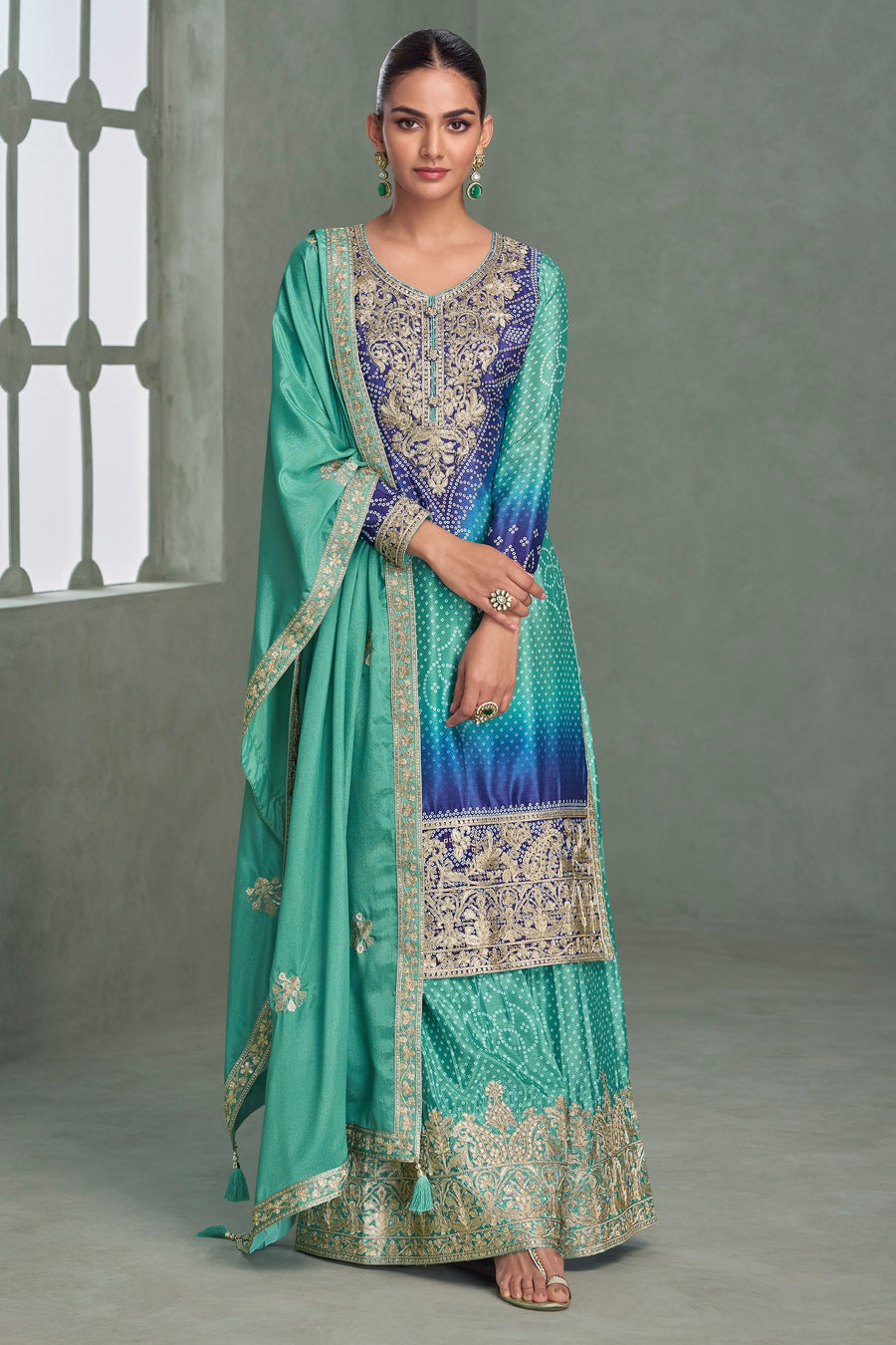 Teal Chinon Silk Dual Color Bandhani Print Style Plazo Suit For Indian & Pakistani Wedding Festival - Thread & Sequence Embroidery Work, Print Work