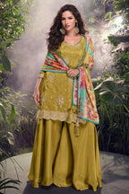 Mustard Simar Silk Plazo Suit For Indian Festivals & Weddings - Embroidery Work, Print Work