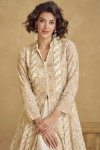 Off-White Georgette Flont Slit Anarkali Suit For Indian & Pakistani Wedding Festival - Thread Embroidery Work, Sequence Embroidery Work