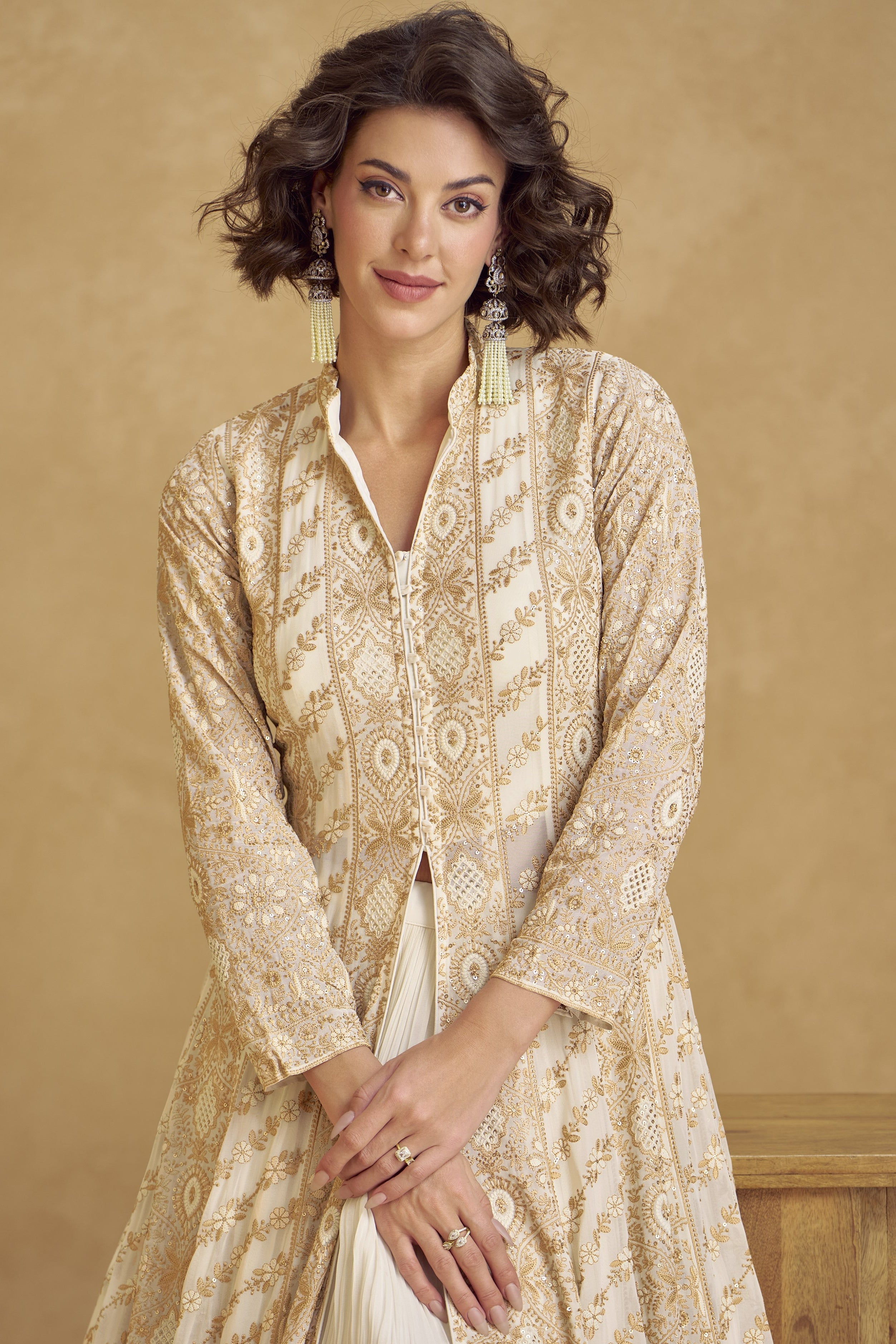 Off-White Georgette Flont Slit Anarkali Suit For Indian & Pakistani Wedding Festival - Thread Embroidery Work, Sequence Embroidery Work