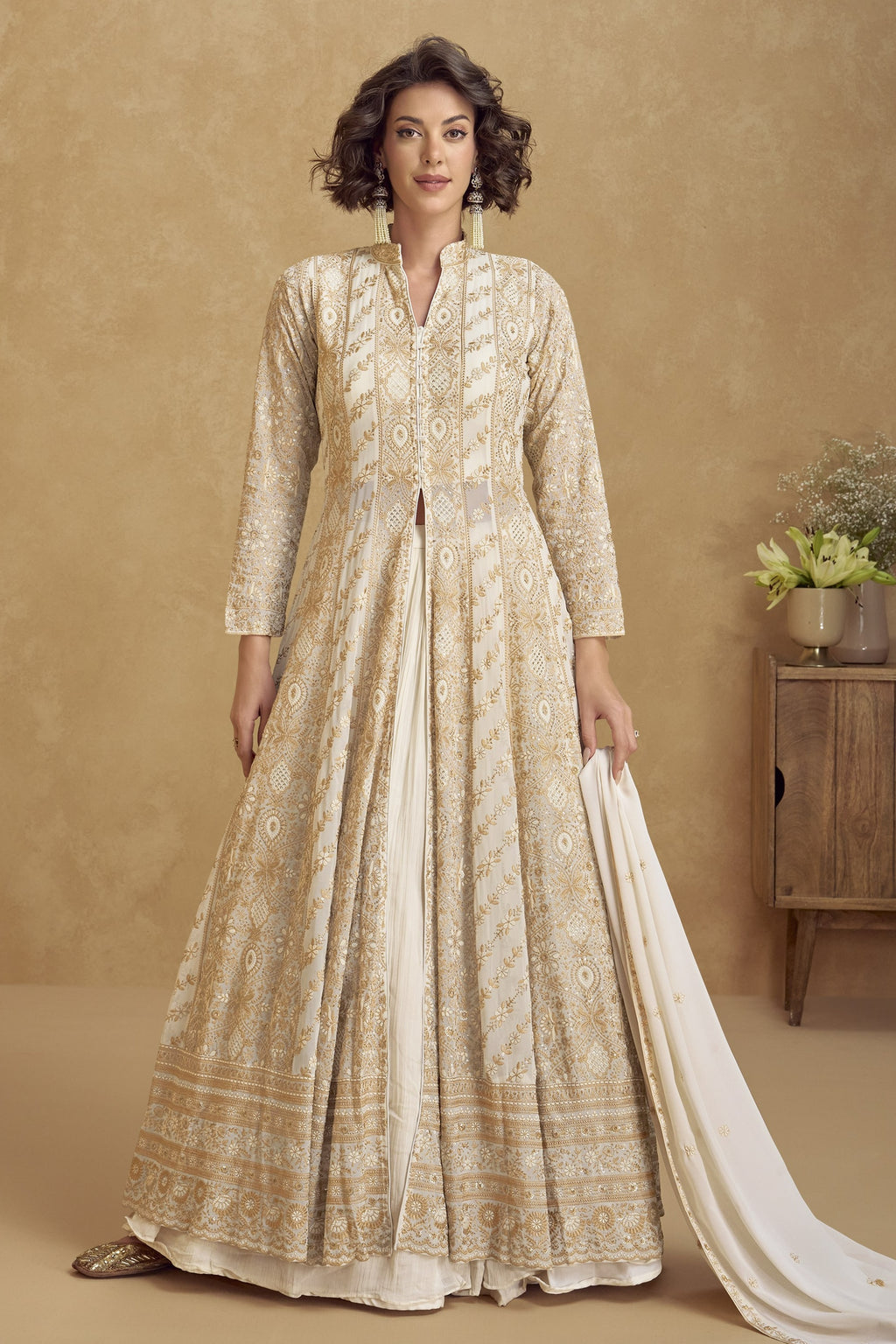 Off-White Georgette Flont Slit Anarkali Suit For Indian & Pakistani Wedding Festival - Thread Embroidery Work, Sequence Embroidery Work