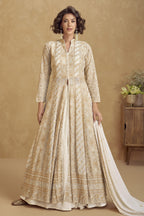 Off-White Georgette Flont Slit Anarkali Suit For Indian & Pakistani Wedding Festival - Thread Embroidery Work, Sequence Embroidery Work