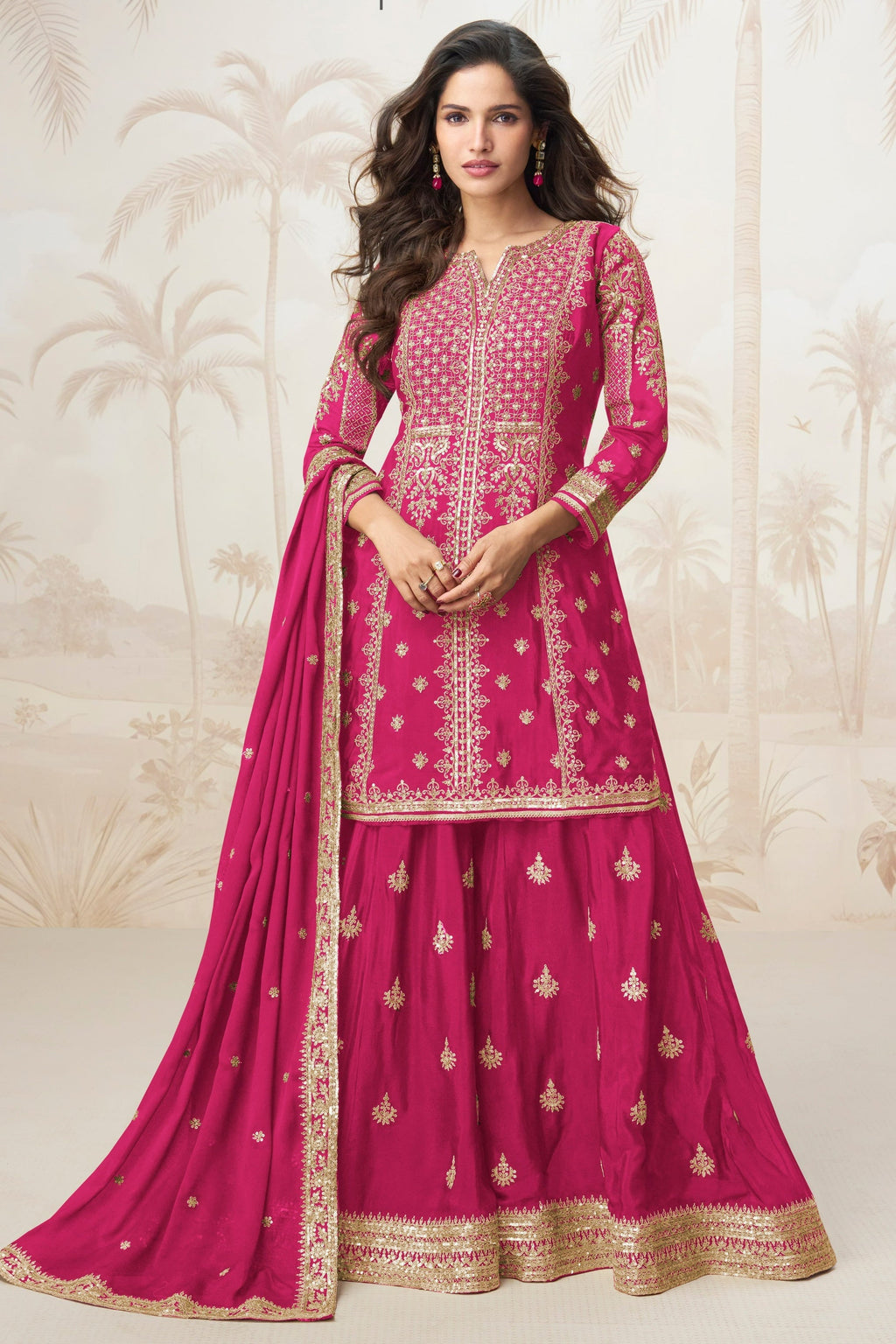 Pink Chinon Silk Palazzo Suit For Indian & Pakistani Wedding Festival - Sequence Embroidery Work, Embroidery Work