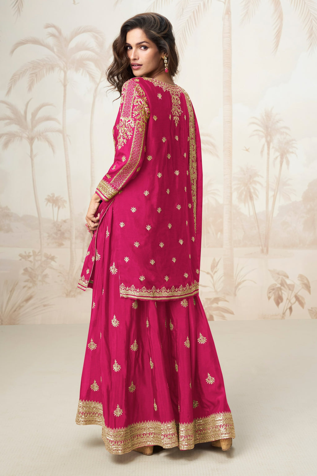 Pink Chinon Silk Palazzo Suit For Indian & Pakistani Wedding Festival - Sequence Embroidery Work, Embroidery Work