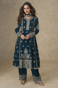 Teal Blue Chinon Silk Plazo Suit For Indian & Pakistani Wedding Festival - Sequins & Thread Embroidery Work