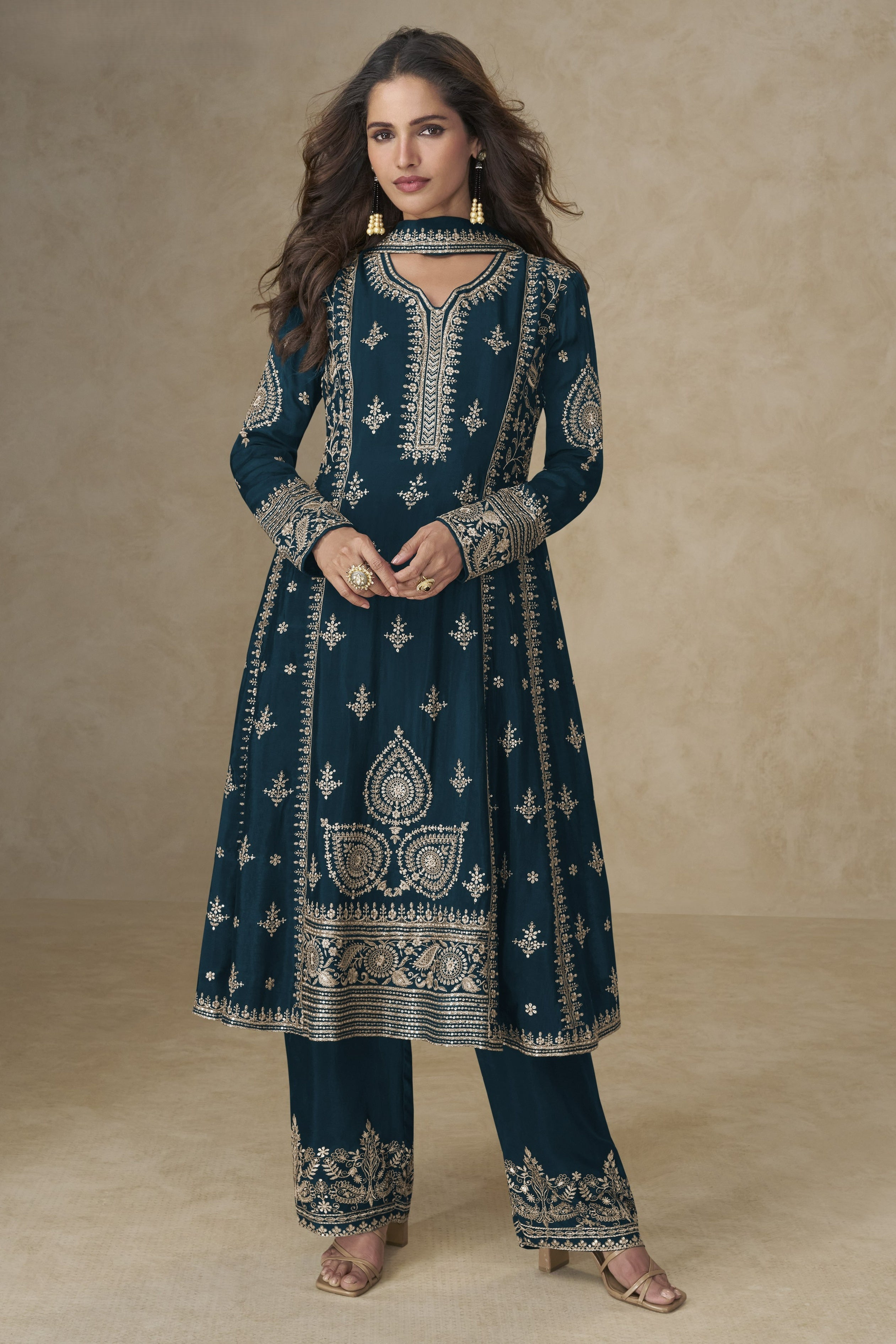 Teal Blue Chinon Silk Plazo Suit For Indian & Pakistani Wedding Festival - Sequins & Thread Embroidery Work