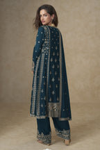 Teal Blue Chinon Silk Plazo Suit For Indian & Pakistani Wedding Festival - Sequins & Thread Embroidery Work