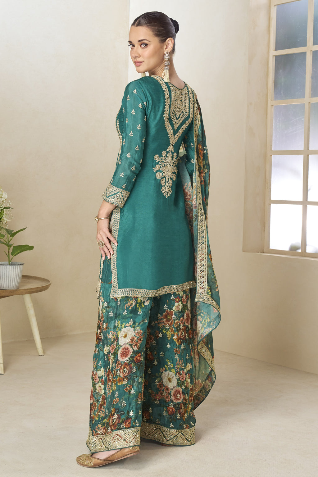 Teal Chinon Silk Floral Plazo Suit For Indian & Pakistani Wedding Festival - Thread & Sequins Emboridery Work, Print Work