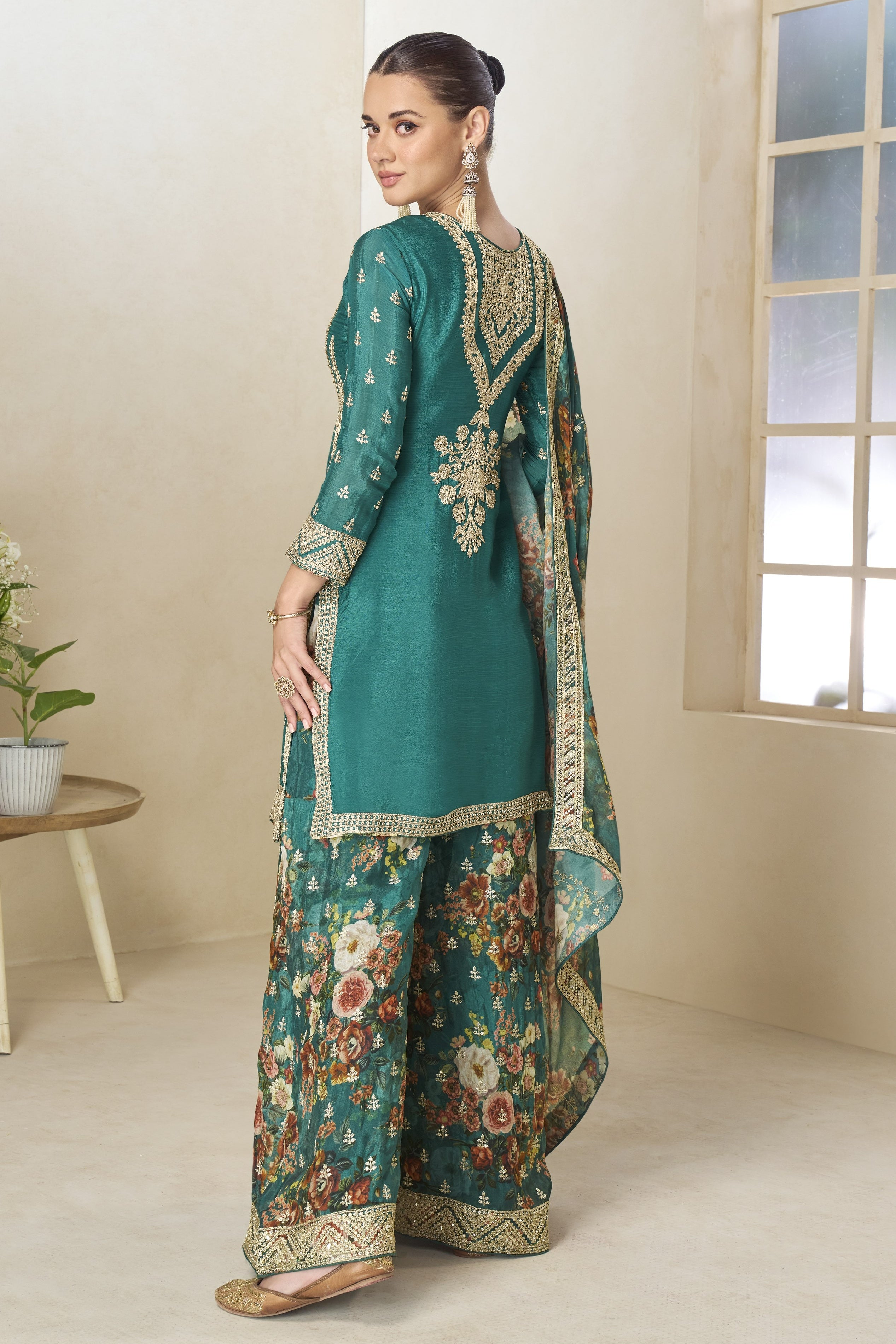 Teal Chinon Silk Floral Plazo Suit For Indian & Pakistani Wedding Festival - Thread & Sequins Emboridery Work, Print Work