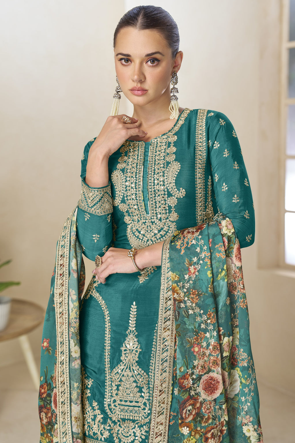 Teal Chinon Silk Floral Plazo Suit For Indian & Pakistani Wedding Festival - Thread & Sequins Emboridery Work, Print Work