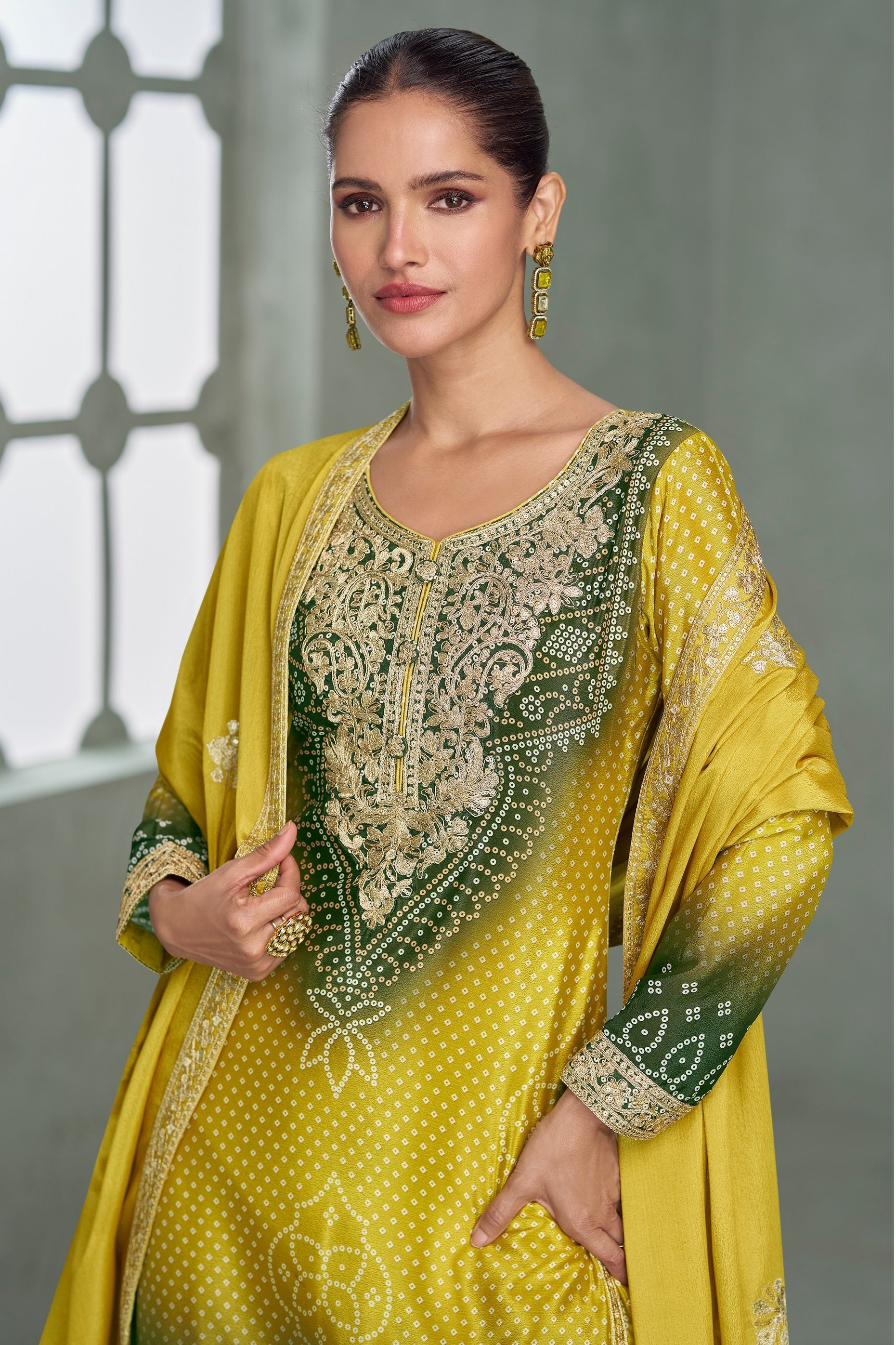 Green Chinon Silk Dual Color Bandhani Print Style Plazo Suit For Indian & Pakistani Wedding Festival - Thread & Sequence Embroidery Work, Print Work
