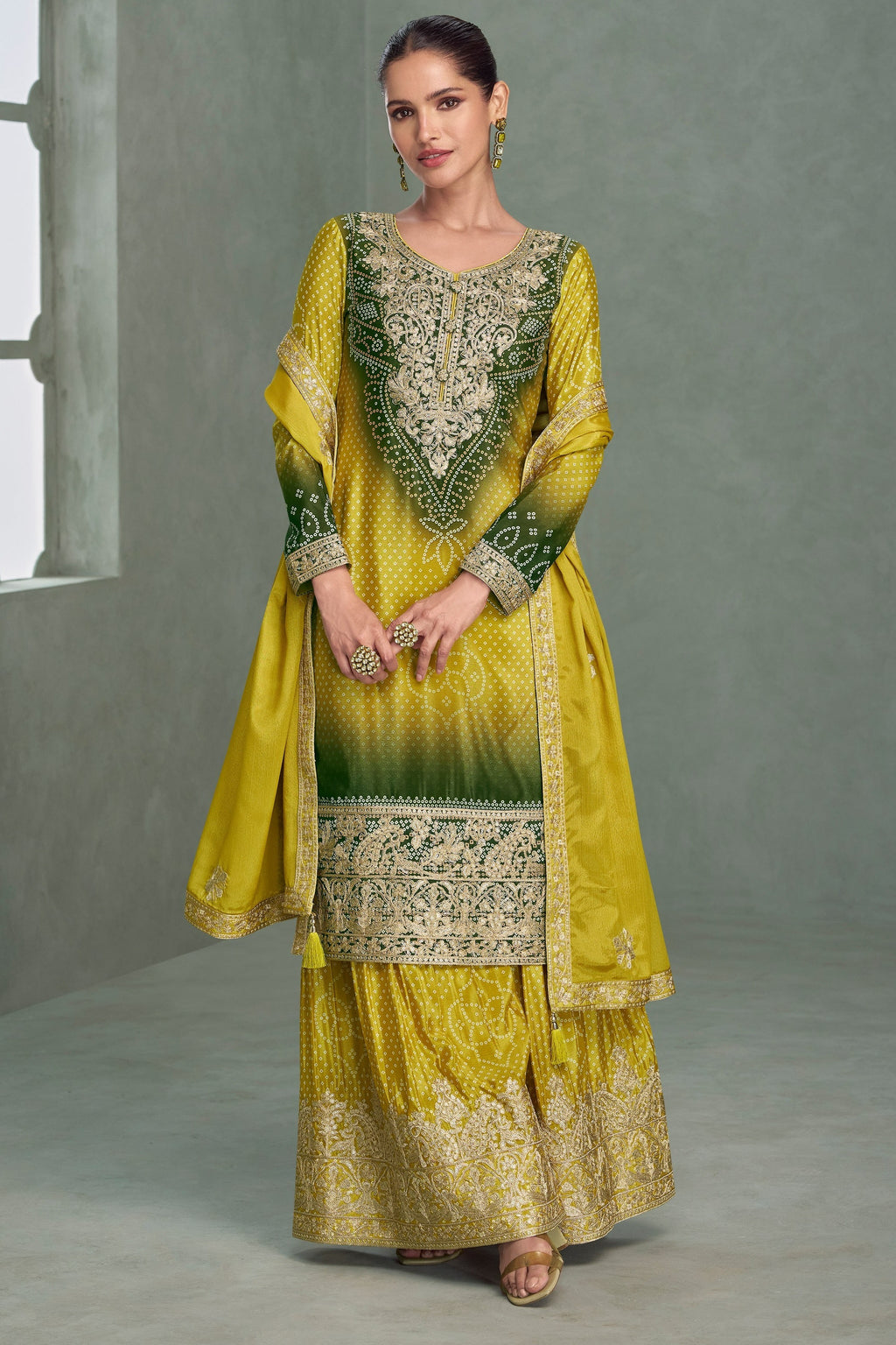 Green Chinon Silk Dual Color Bandhani Print Style Plazo Suit For Indian & Pakistani Wedding Festival - Thread & Sequence Embroidery Work, Print Work