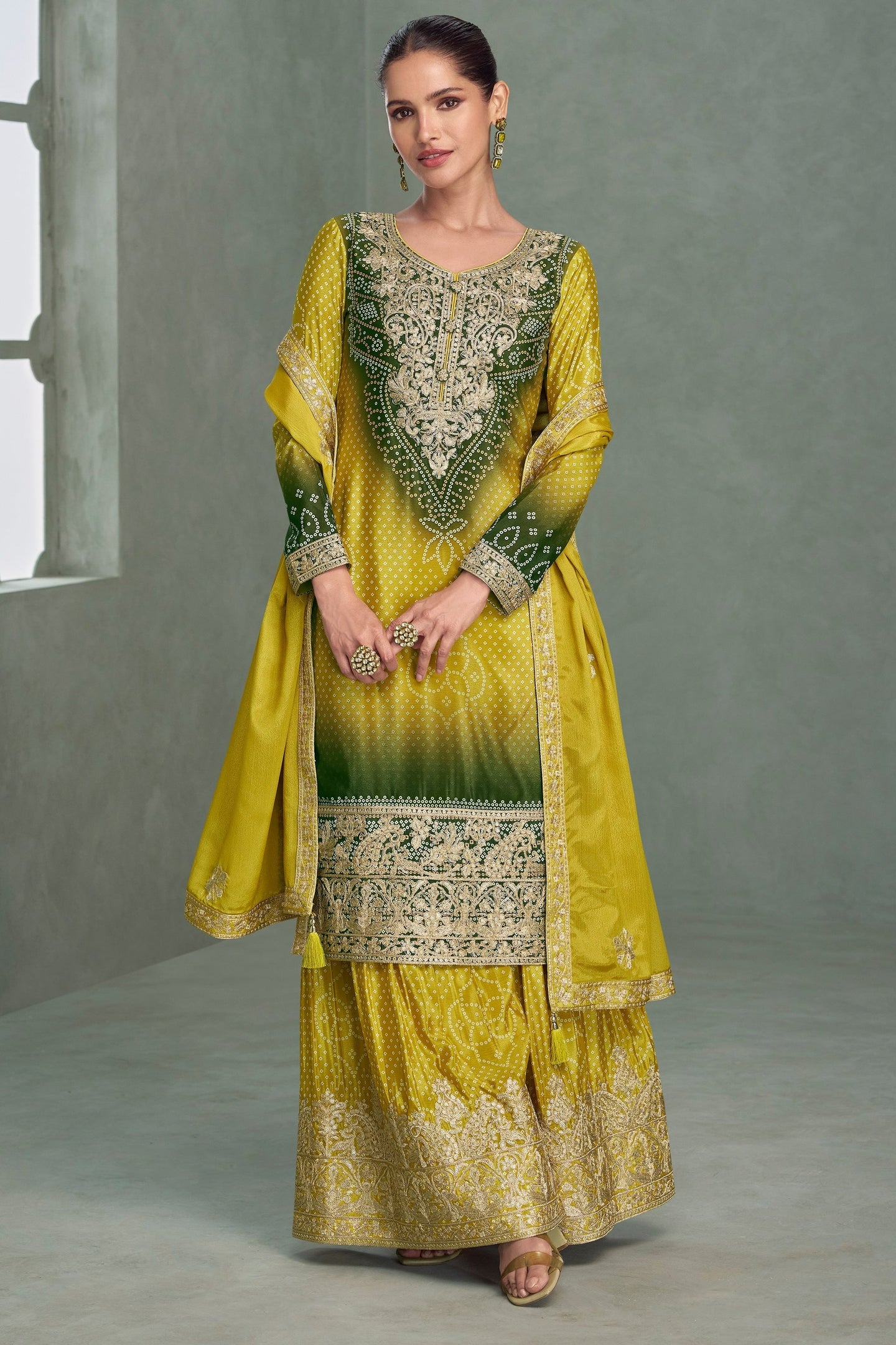 Green Chinon Silk Dual Color Bandhani Print Style Plazo Suit For Indian & Pakistani Wedding Festival - Thread & Sequence Embroidery Work, Print Work