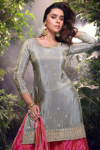 Gray Simar Silk Plazo Suit For Indian Festivals & Weddings - Embroidery Work, Print Work