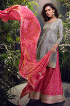 Gray Simar Silk Plazo Suit For Indian Festivals & Weddings - Embroidery Work, Print Work