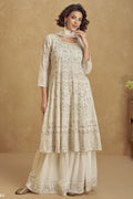 White Georgette Plazo Suit For Indian & Pakistani Wedding Festival - Thread Embroidery Work, Sequence Embroidery Work