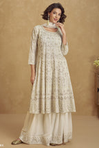 White Georgette Plazo Suit For Indian & Pakistani Wedding Festival - Thread Embroidery Work, Sequence Embroidery Work