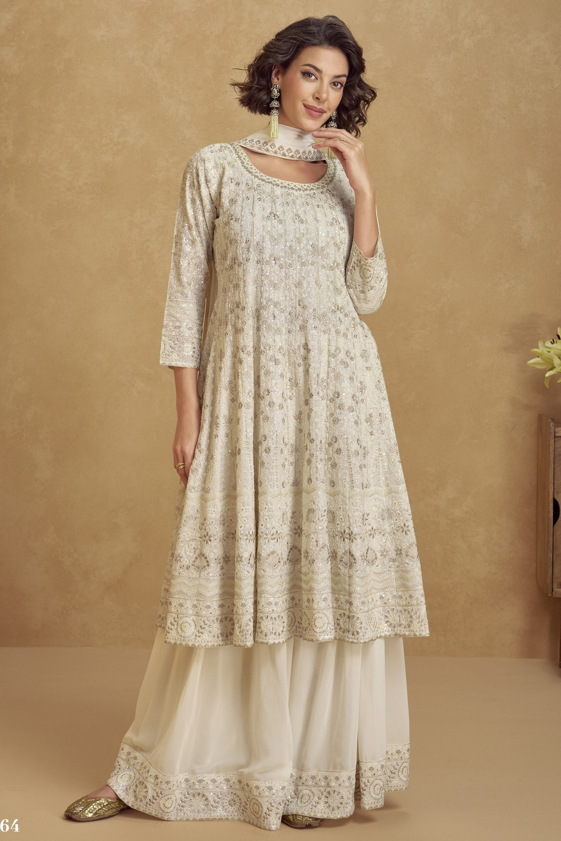 White Georgette Plazo Suit For Indian & Pakistani Wedding Festival - Thread Embroidery Work, Sequence Embroidery Work