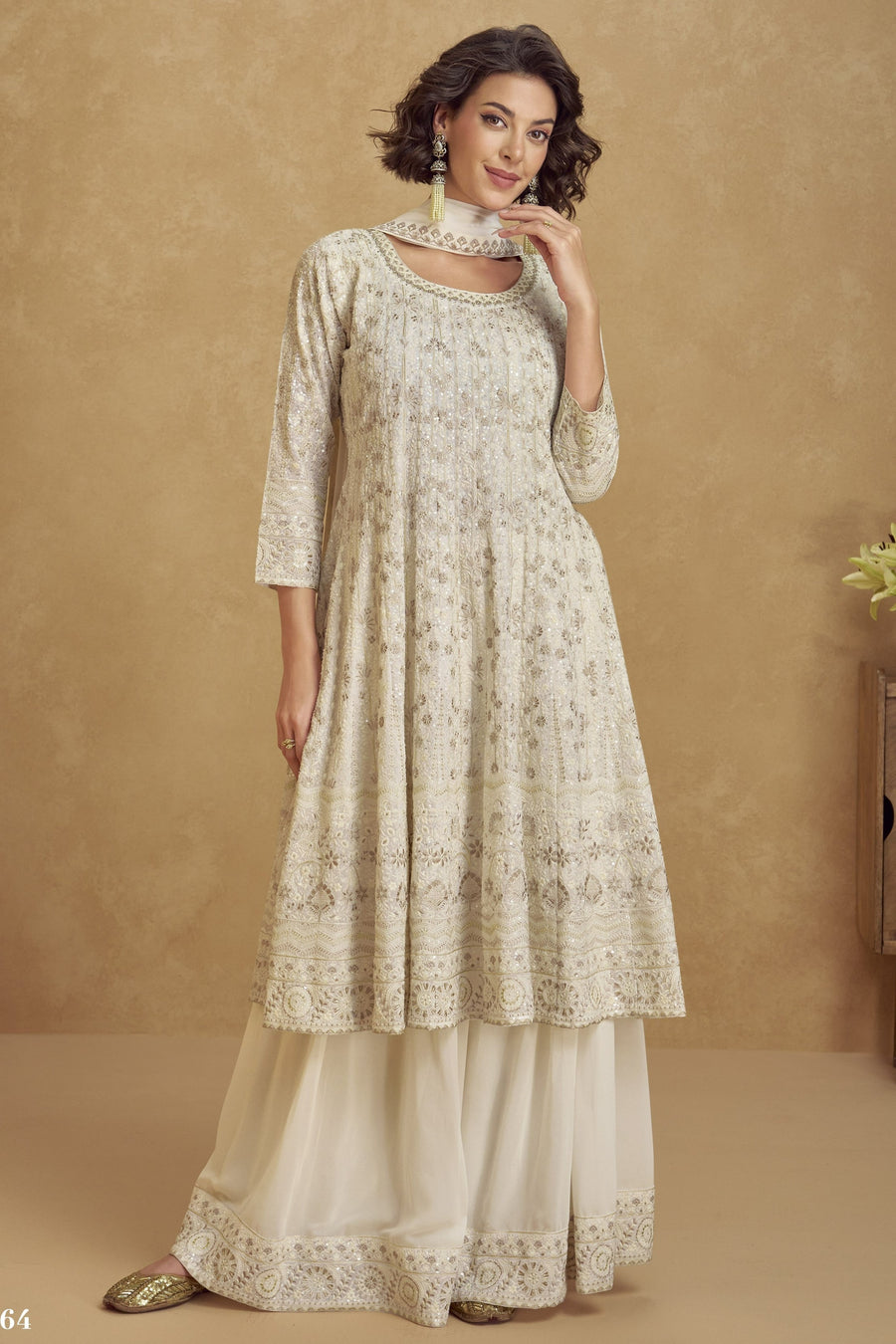 White Georgette Plazo Suit For Indian & Pakistani Wedding Festival - Thread Embroidery Work, Sequence Embroidery Work