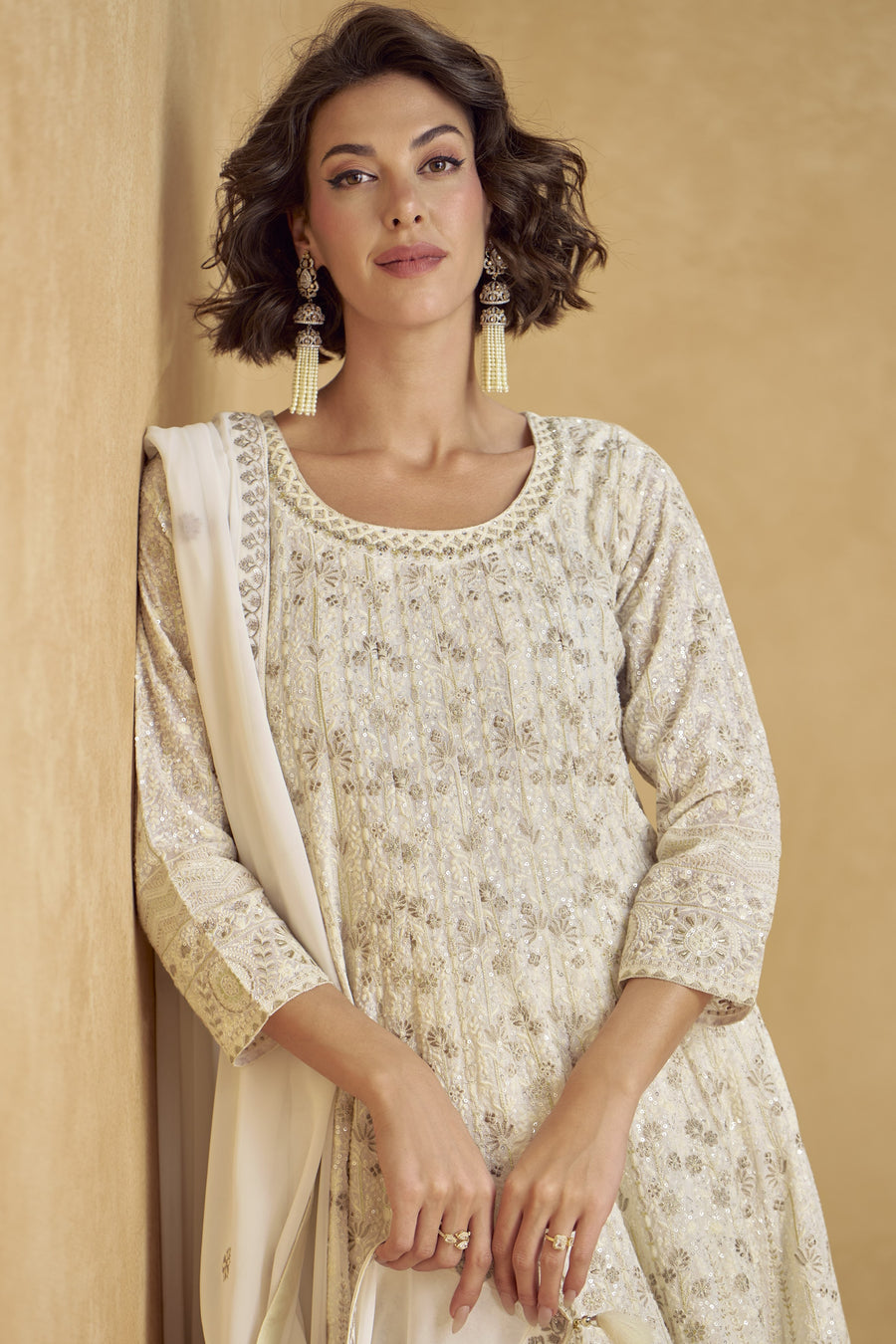 White Georgette Plazo Suit For Indian & Pakistani Wedding Festival - Thread Embroidery Work, Sequence Embroidery Work