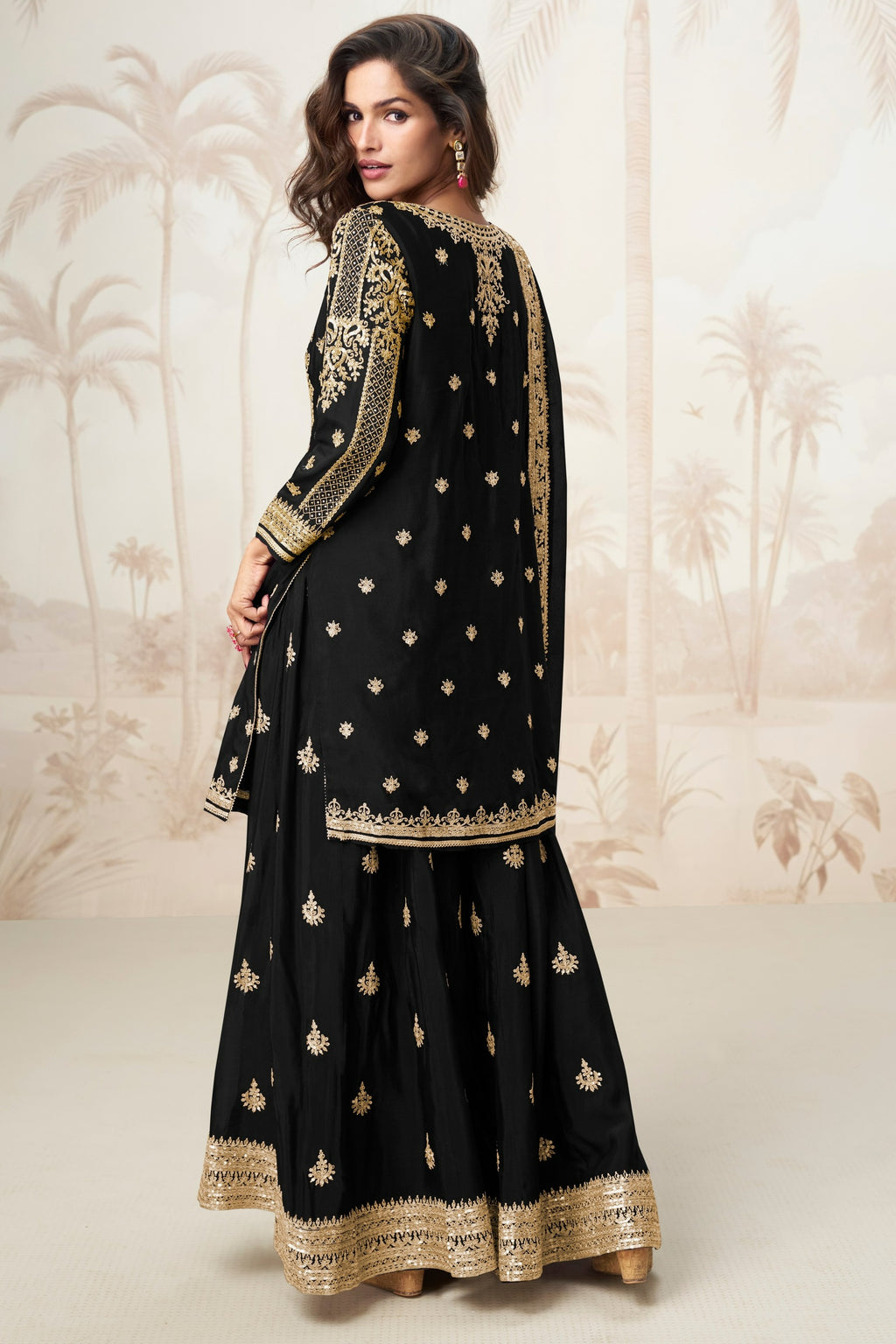 Black Chinon Silk Palazzo Suit For Indian & Pakistani Wedding Festival - Sequence Embroidery Work, Embroidery Work