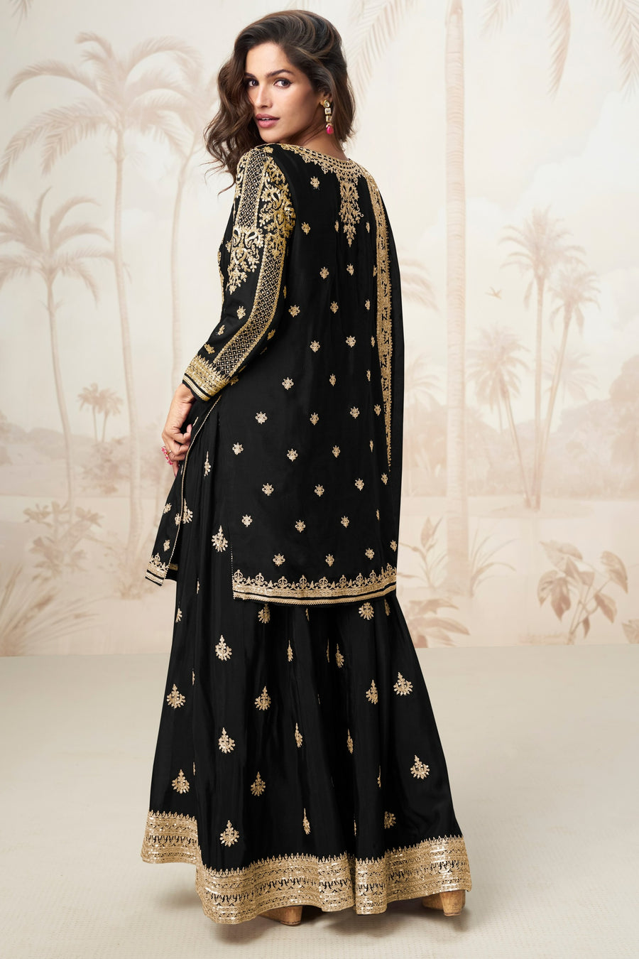 Black Chinon Silk Palazzo Suit For Indian & Pakistani Wedding Festival - Sequence Embroidery Work, Embroidery Work