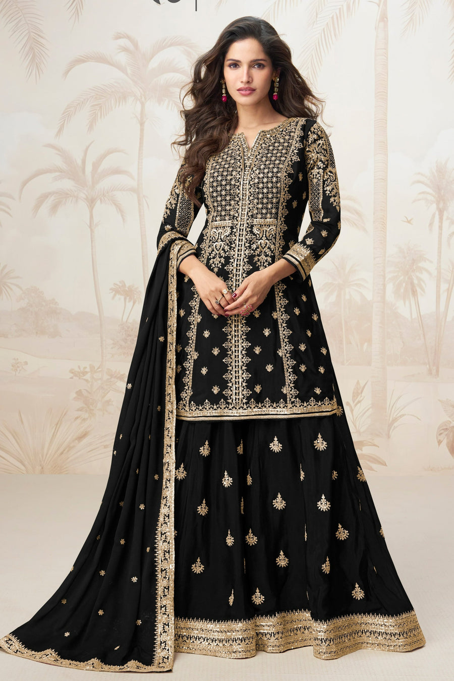 Black Chinon Silk Palazzo Suit For Indian & Pakistani Wedding Festival - Sequence Embroidery Work, Embroidery Work