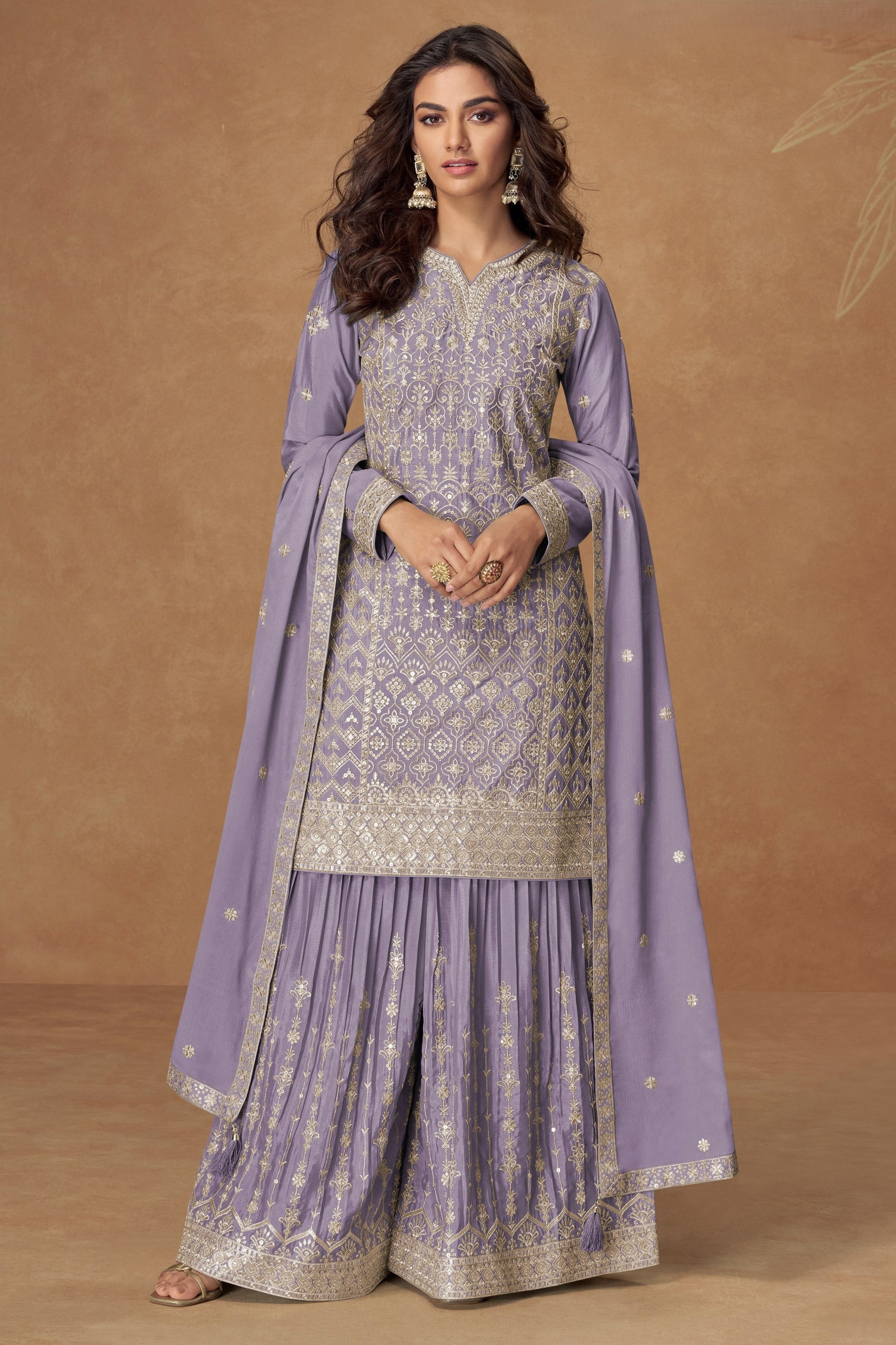 Lavender Chinon Silk Sharara Suit For Indian & Pakistani Wedding Festival - Embroidery Work