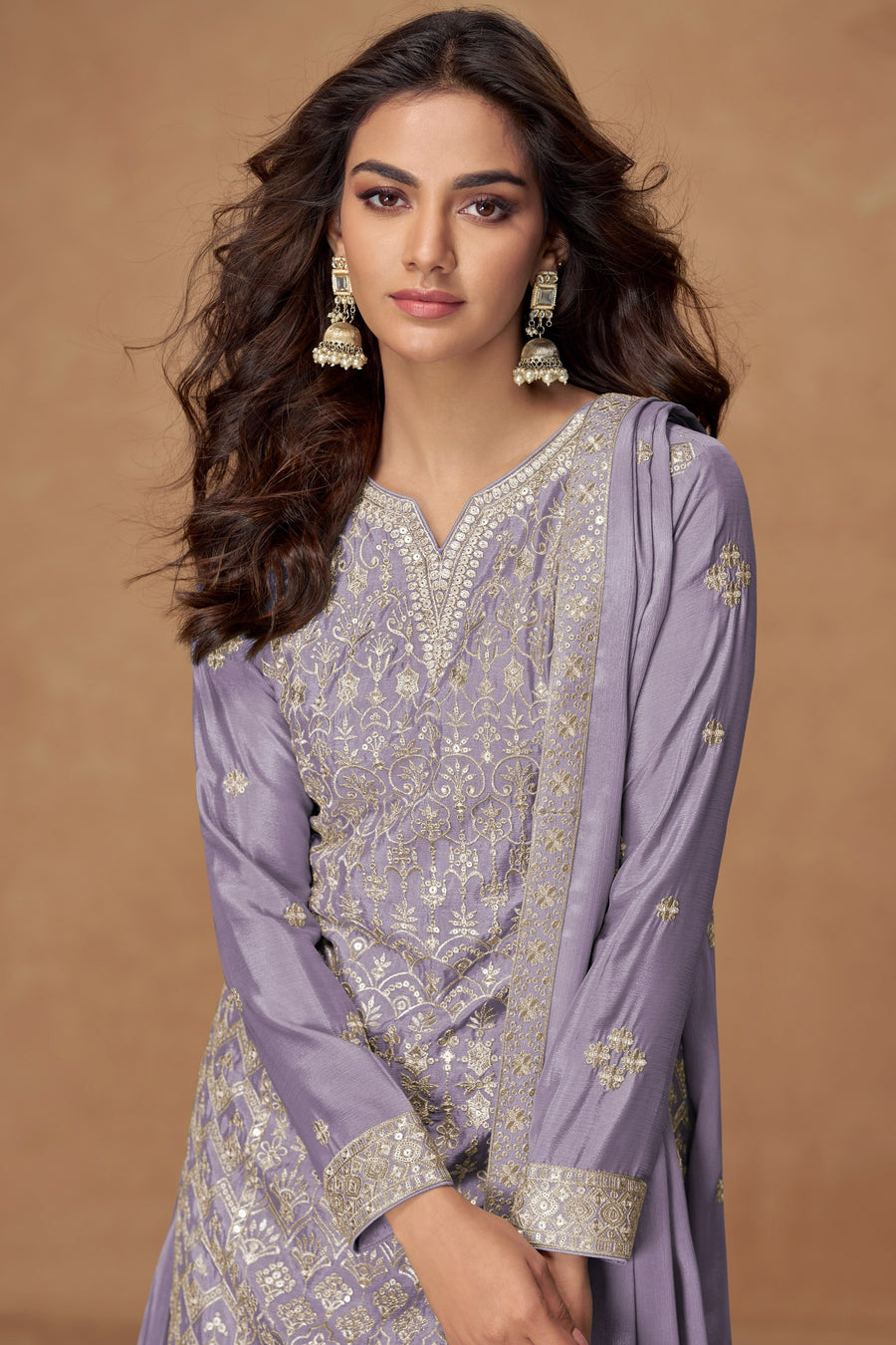 Lavender Chinon Silk Palazzo Suit For Indian & Pakistani Wedding Festival - Embroidery Work