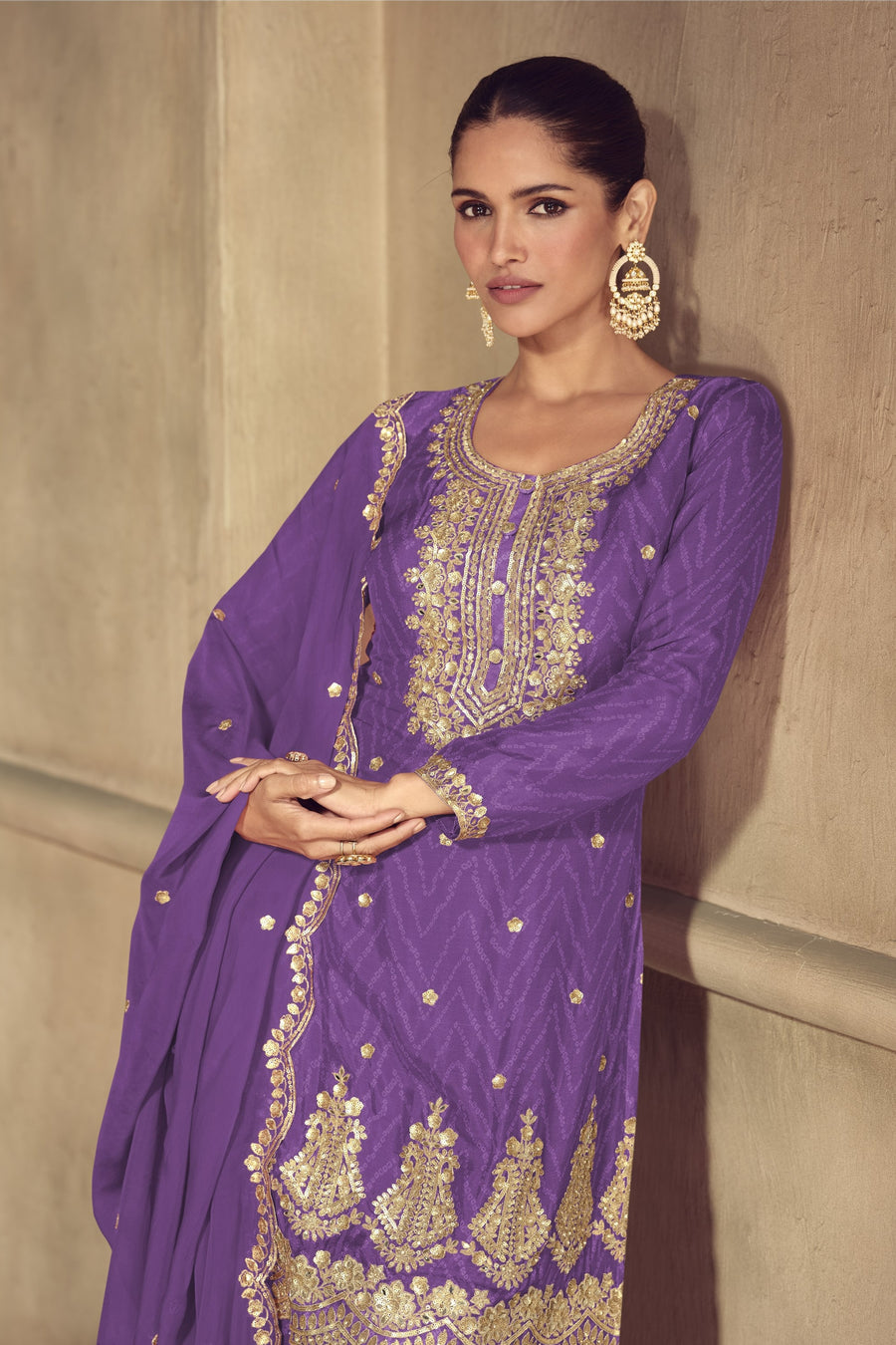 Purple Chinon Silk Palazzo Suit For Indian & Pakistani Wedding Festival - Thread & Sequence Embroidery Work, Print Work