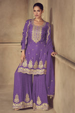 Purple Chinon Silk Palazzo Suit For Indian & Pakistani Wedding Festival - Thread & Sequence Embroidery Work, Print Work