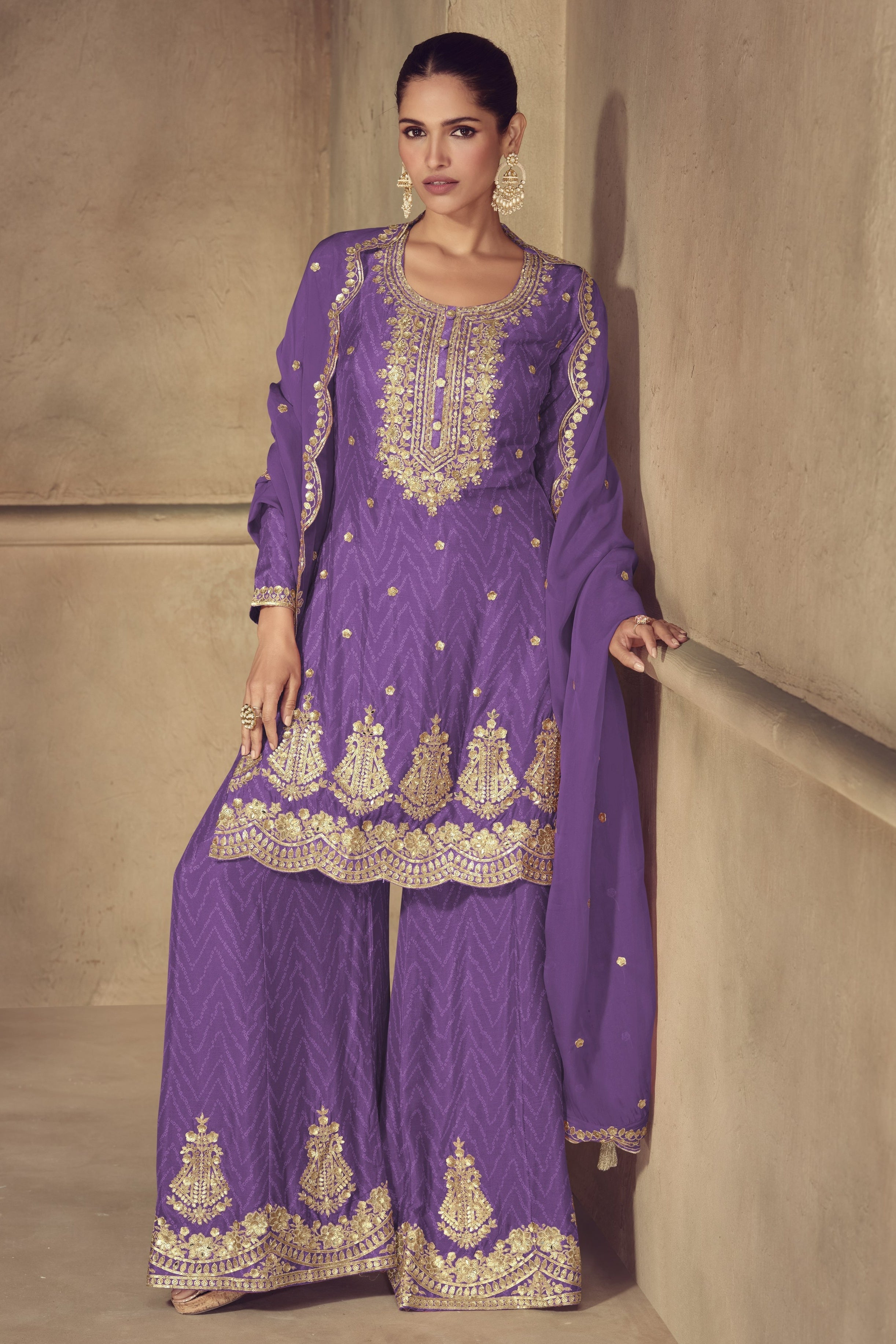 Purple Chinon Silk Palazzo Suit For Indian & Pakistani Wedding Festival - Thread & Sequence Embroidery Work, Print Work