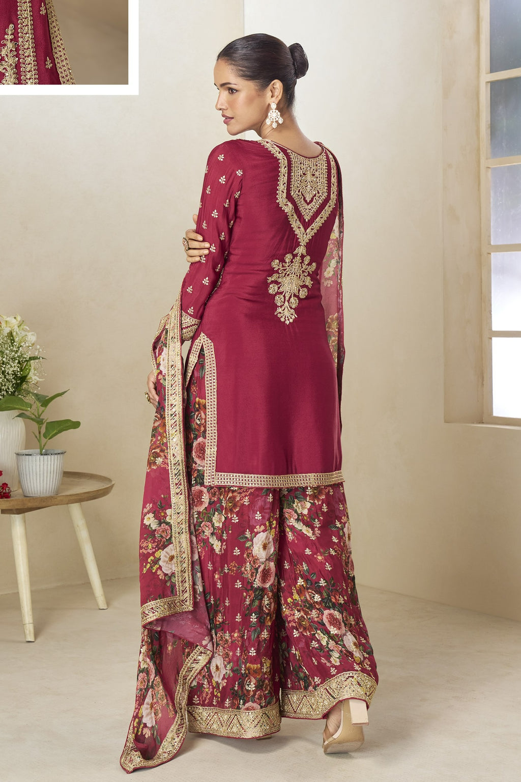 Red Chinon Silk Floral Plazo Suit For Indian & Pakistani Wedding Festival - Thread & Sequins Emboridery Work, Print Work