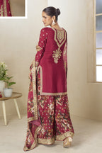 Red Chinon Silk Floral Plazo Suit For Indian & Pakistani Wedding Festival - Thread & Sequins Emboridery Work, Print Work