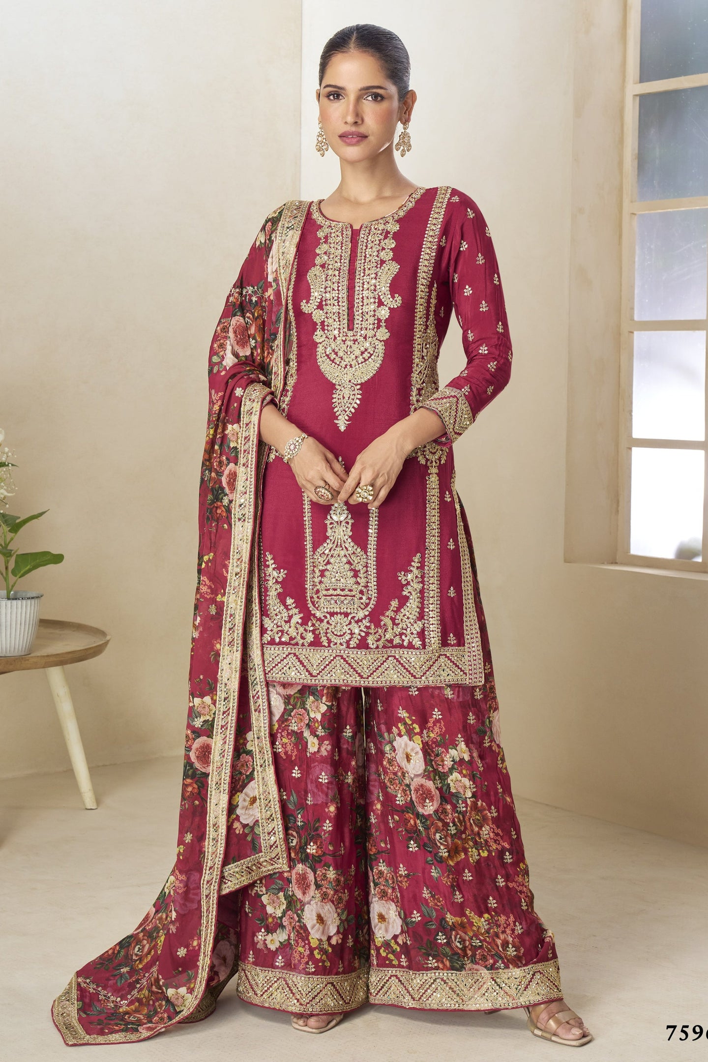 Red Chinon Silk Floral Plazo Suit For Indian & Pakistani Wedding Festival - Thread & Sequins Emboridery Work, Print Work