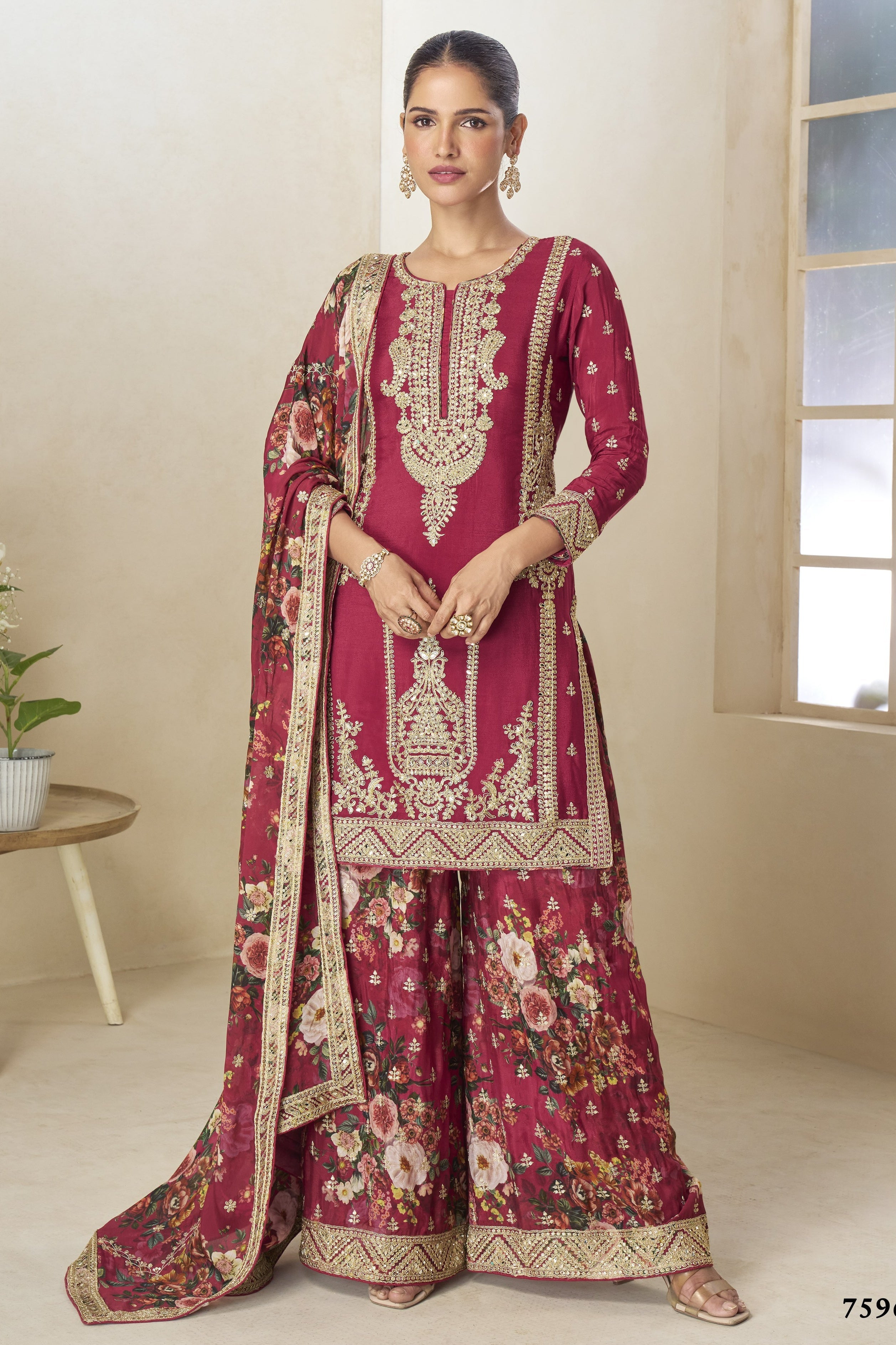 Red Chinon Silk Floral Plazo Suit For Indian & Pakistani Wedding Festival - Thread & Sequins Emboridery Work, Print Work