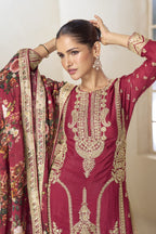 Red Chinon Silk Floral Plazo Suit For Indian & Pakistani Wedding Festival - Thread & Sequins Emboridery Work, Print Work