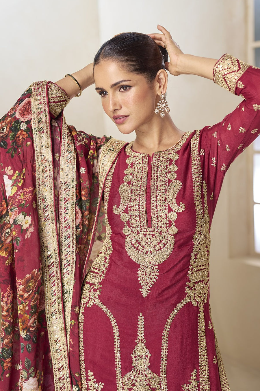 Red Chinon Silk Floral Plazo Suit For Indian & Pakistani Wedding Festival - Thread & Sequins Emboridery Work, Print Work