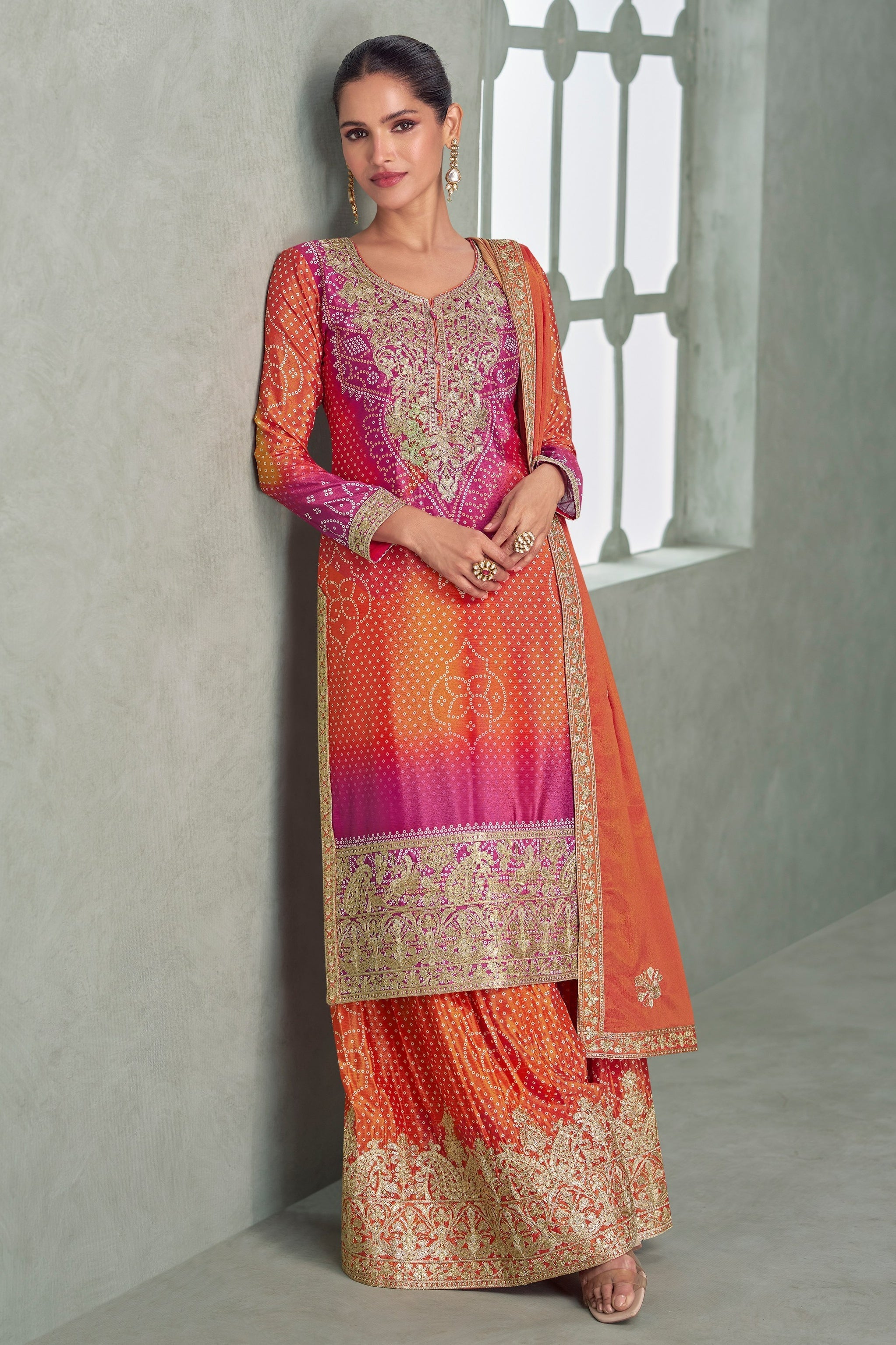 Orange Chinon Silk Dual Color Bandhani Print Style Plazo Suit For Indian & Pakistani Wedding Festival - Thread & Sequence Embroidery Work, Print Work