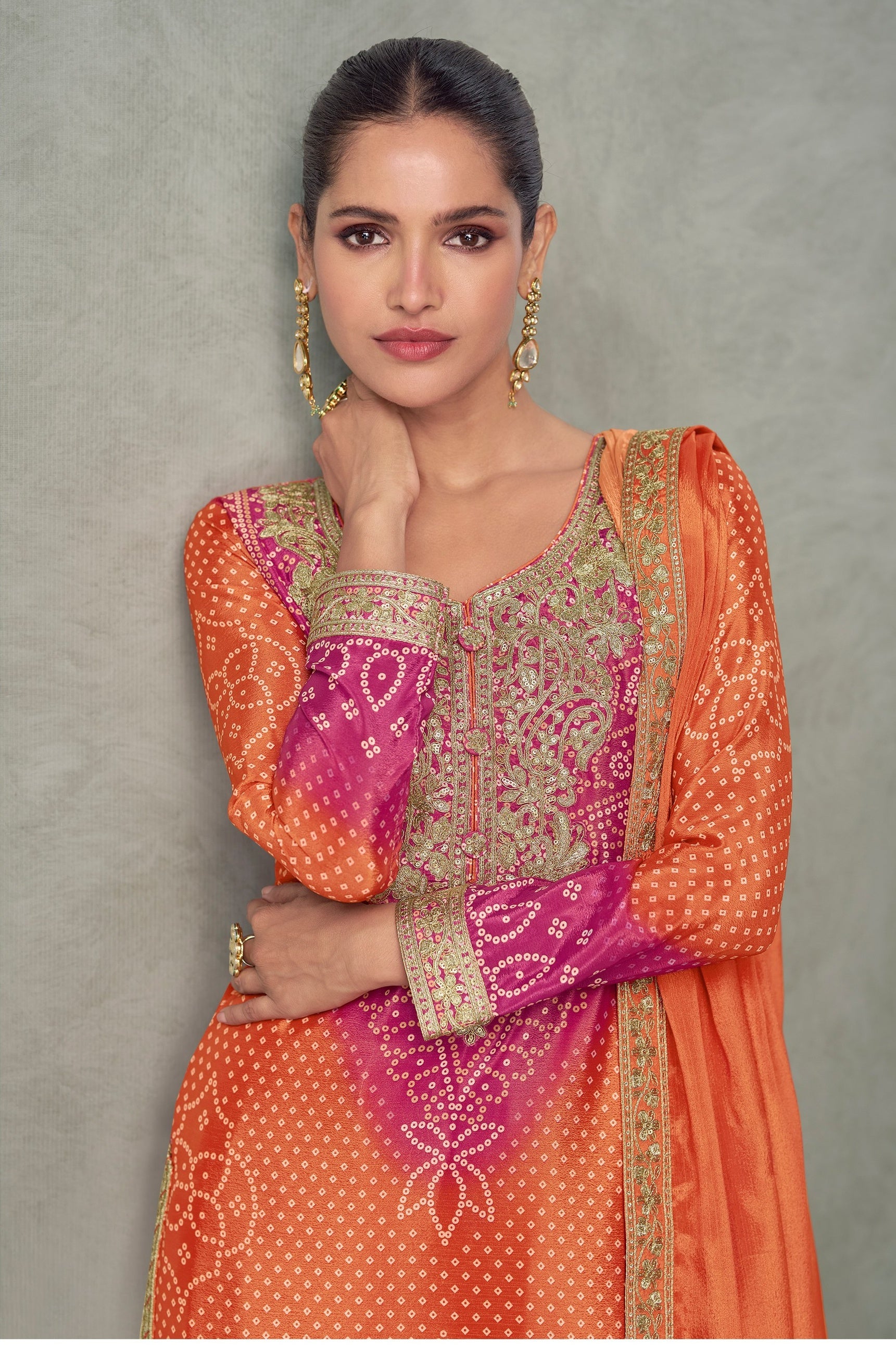 Orange Chinon Silk Dual Color Bandhani Print Style Plazo Suit For Indian & Pakistani Wedding Festival - Thread & Sequence Embroidery Work, Print Work