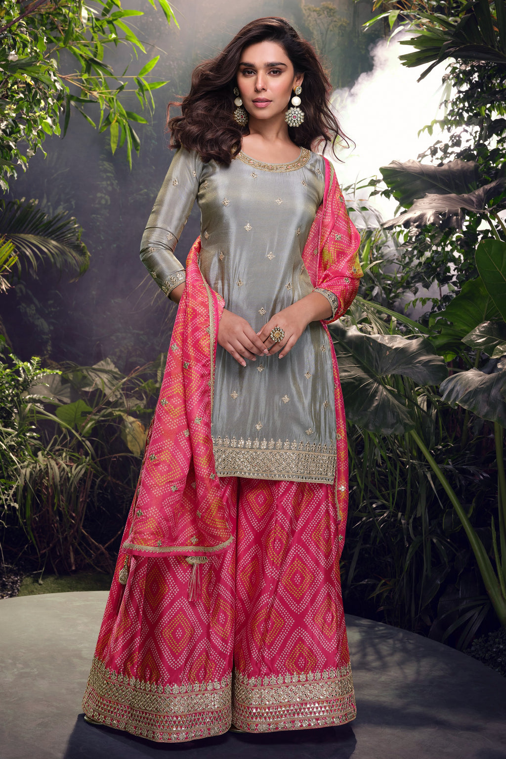 Gray Simar Silk Plazo Suit For Indian Festivals & Weddings - Embroidery Work, Print Work