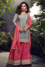 Gray Simar Silk Plazo Suit For Indian Festivals & Weddings - Embroidery Work, Print Work