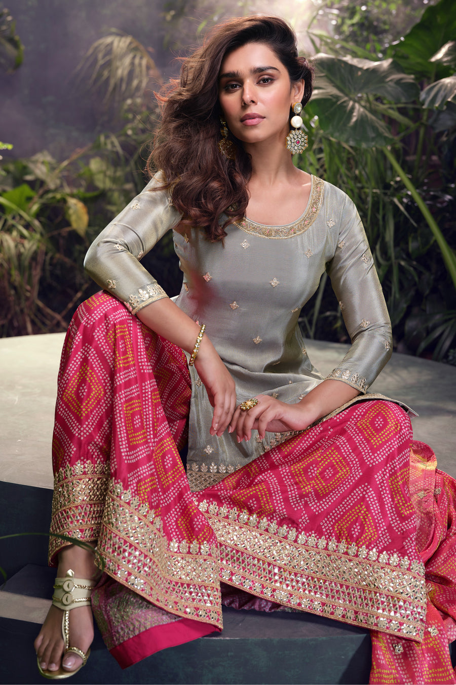 Gray Simar Silk Plazo Suit For Indian Festivals & Weddings - Embroidery Work, Print Work