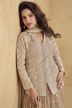 Beige Georgette Kameez With Skirt For Indian & Pakistani Wedding Festival - Thread Embroidery Work, Sequence Embroidery Work