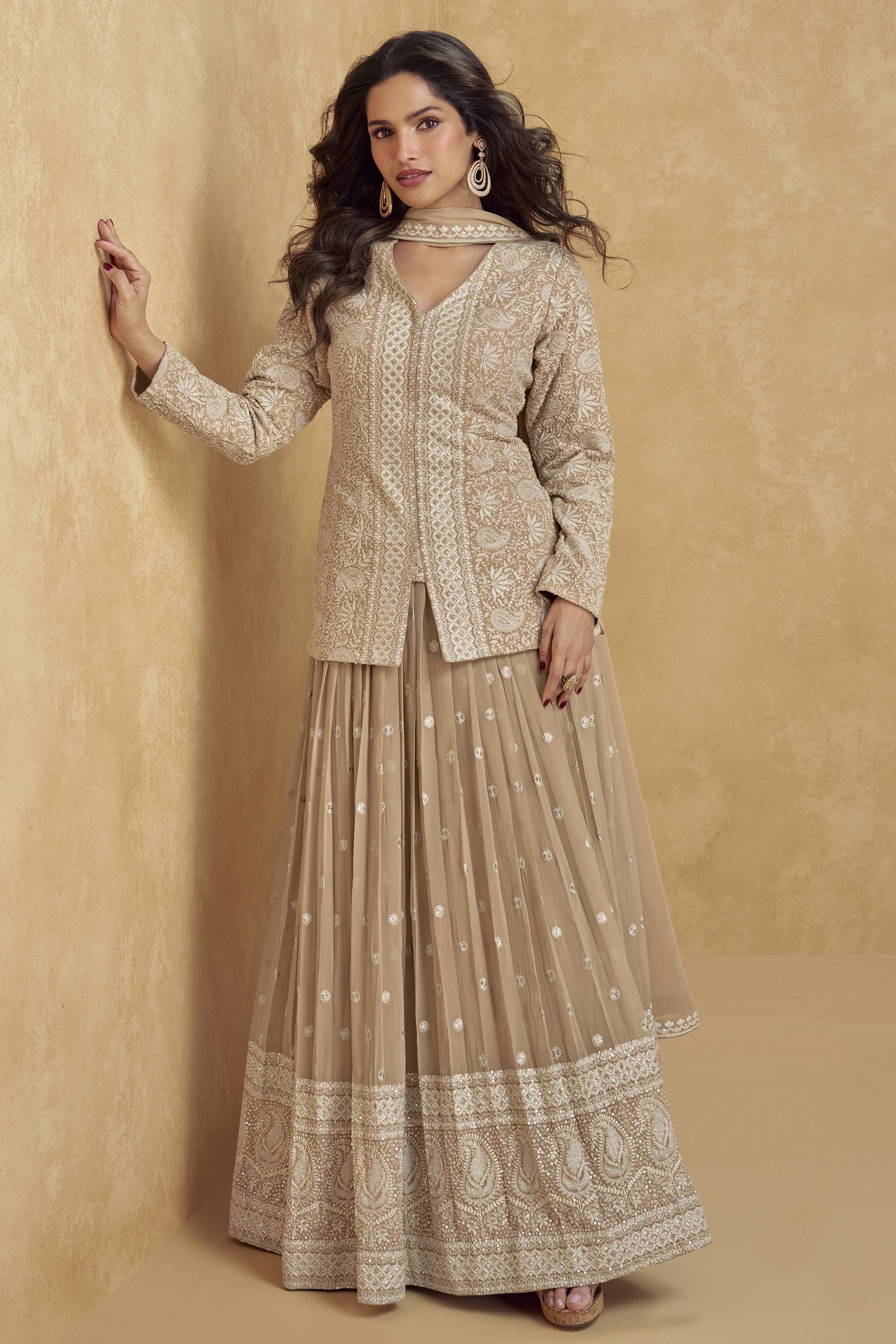 Beige Georgette Kameez With Skirt For Indian & Pakistani Wedding Festival - Thread Embroidery Work, Sequence Embroidery Work