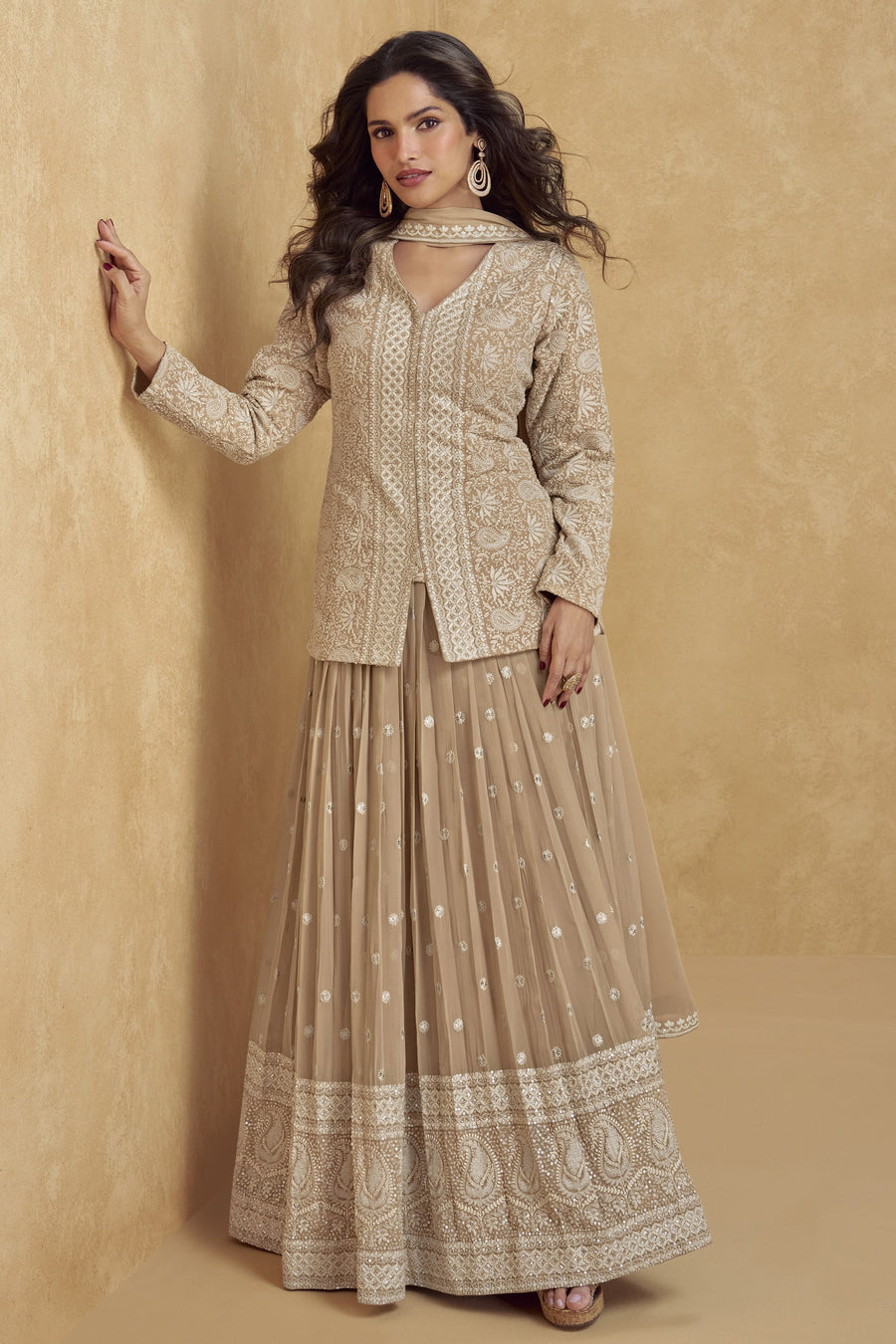 Beige Georgette Kameez With Skirt For Indian & Pakistani Wedding Festival - Thread Embroidery Work, Sequence Embroidery Work