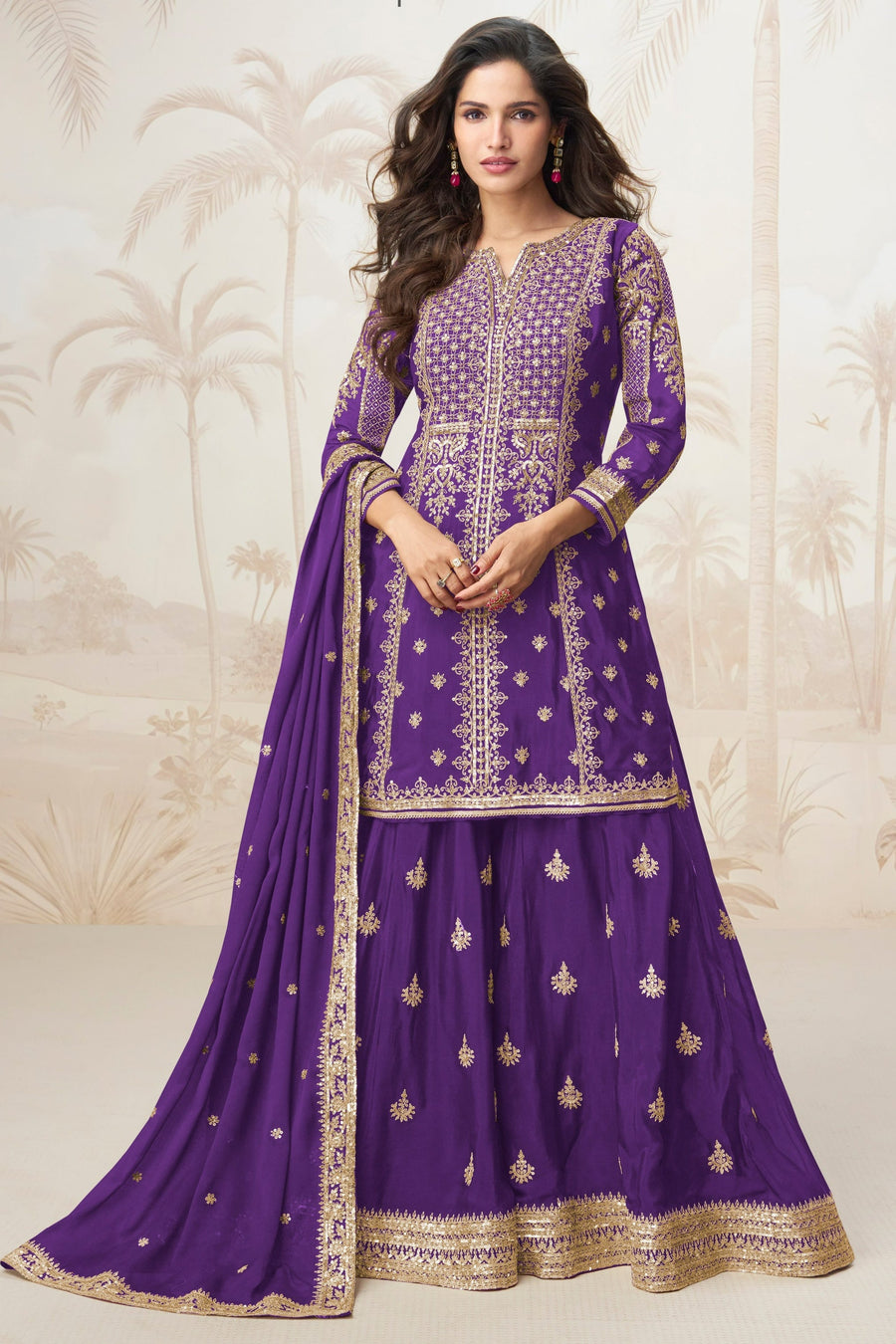 Purple Chinon Silk Palazzo Suit For Indian & Pakistani Wedding Festival - Sequence Embroidery Work, Embroidery Work