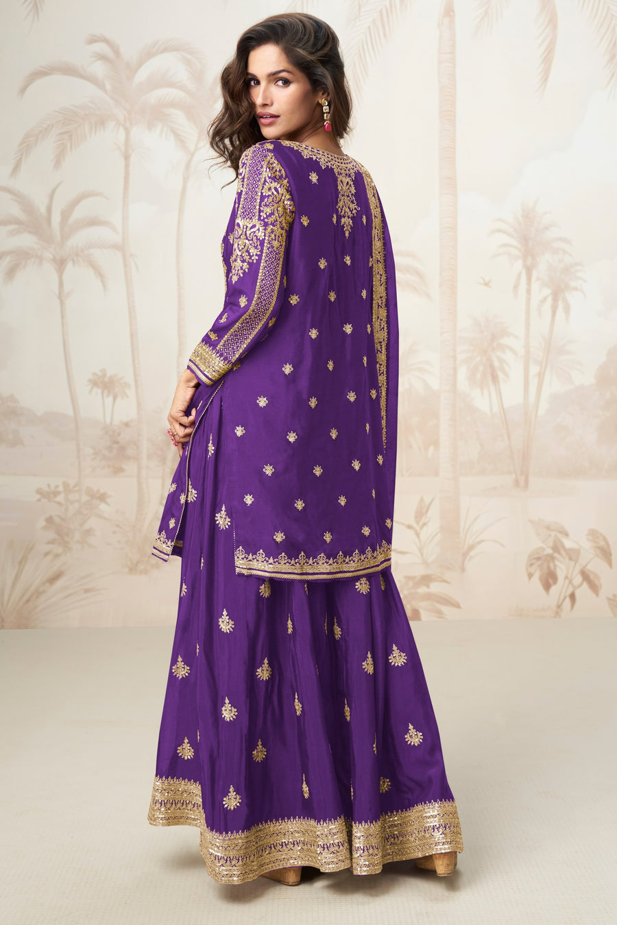 Purple Chinon Silk Palazzo Suit For Indian & Pakistani Wedding Festival - Sequence Embroidery Work, Embroidery Work