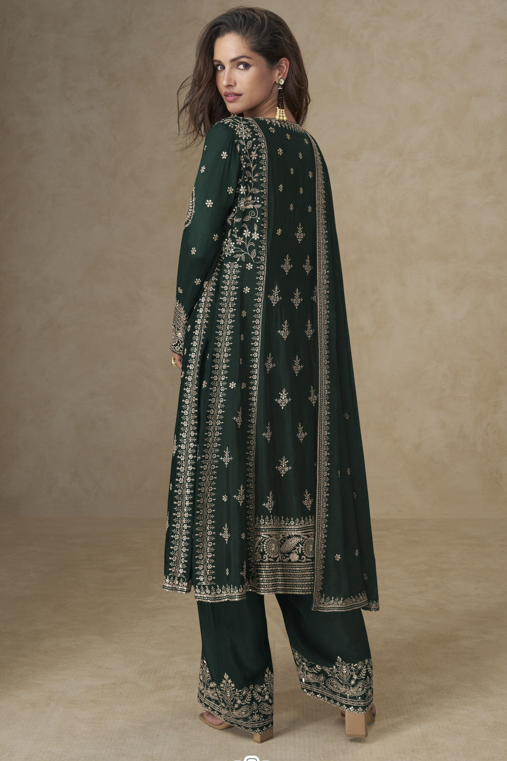 Emerald Green Chinon Silk Plazo Suit For Indian & Pakistani Wedding Festival - Sequins & Thread Embroidery Work